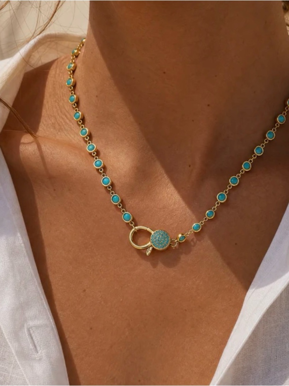 Adina Eden Luxury Bezel /Pave Turquoise Lobster Clasp Chain Necklace